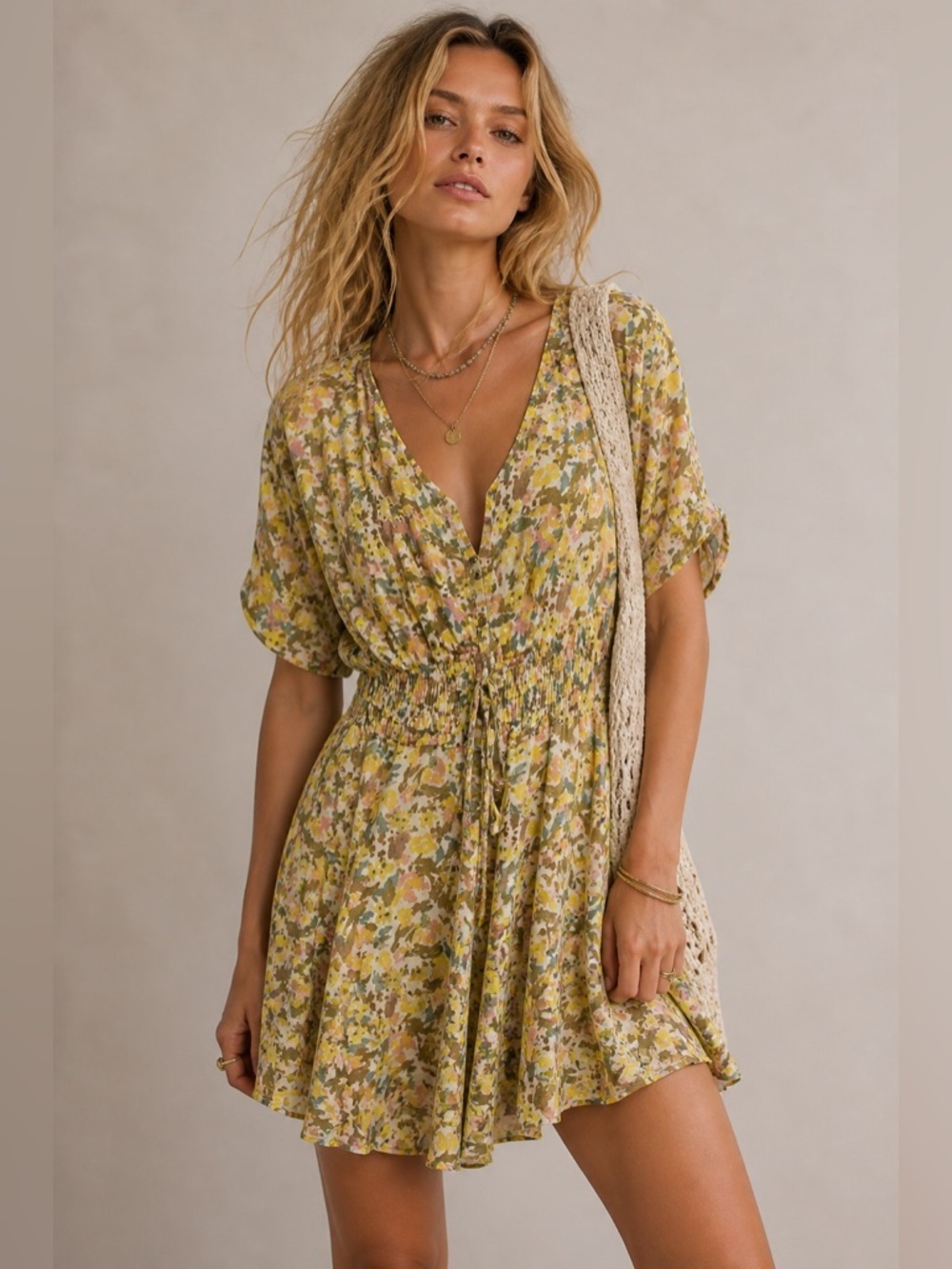 Free People Women's Yellow Floral Mini Dress New with tags